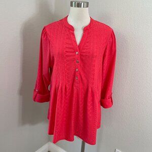 Cocomo Womens Plus 1X Pink Eyelet Tunic Top Roll Tab Sleeve Shirt